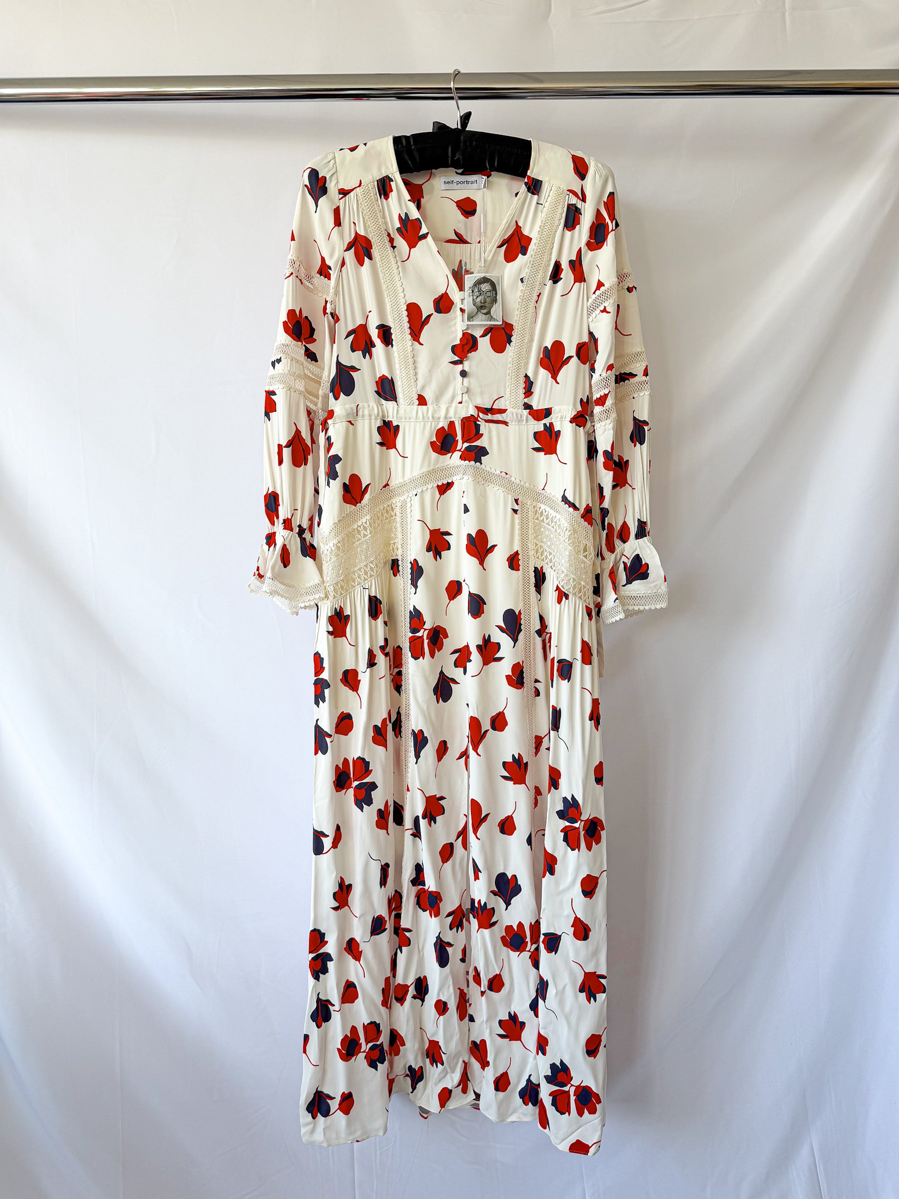 Self-Portrait Floral Print V-Neck Lace Trim Maxi Dress