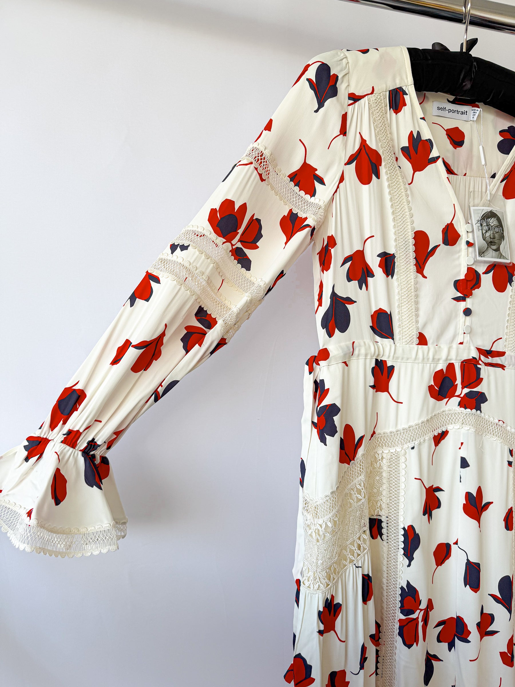 Self-Portrait Floral Print V-Neck Lace Trim Maxi Dress