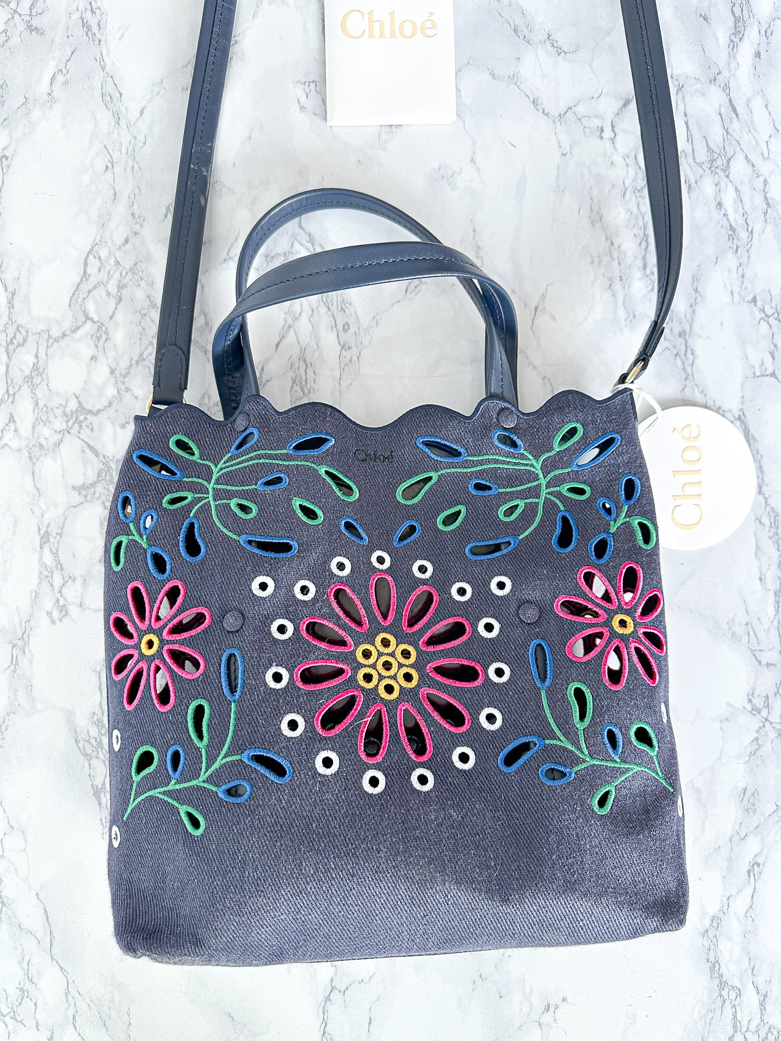 Chloé Kamilla North/South Floral Broderie Anglaise Embroidered Linen Tote Crossbody Handbag