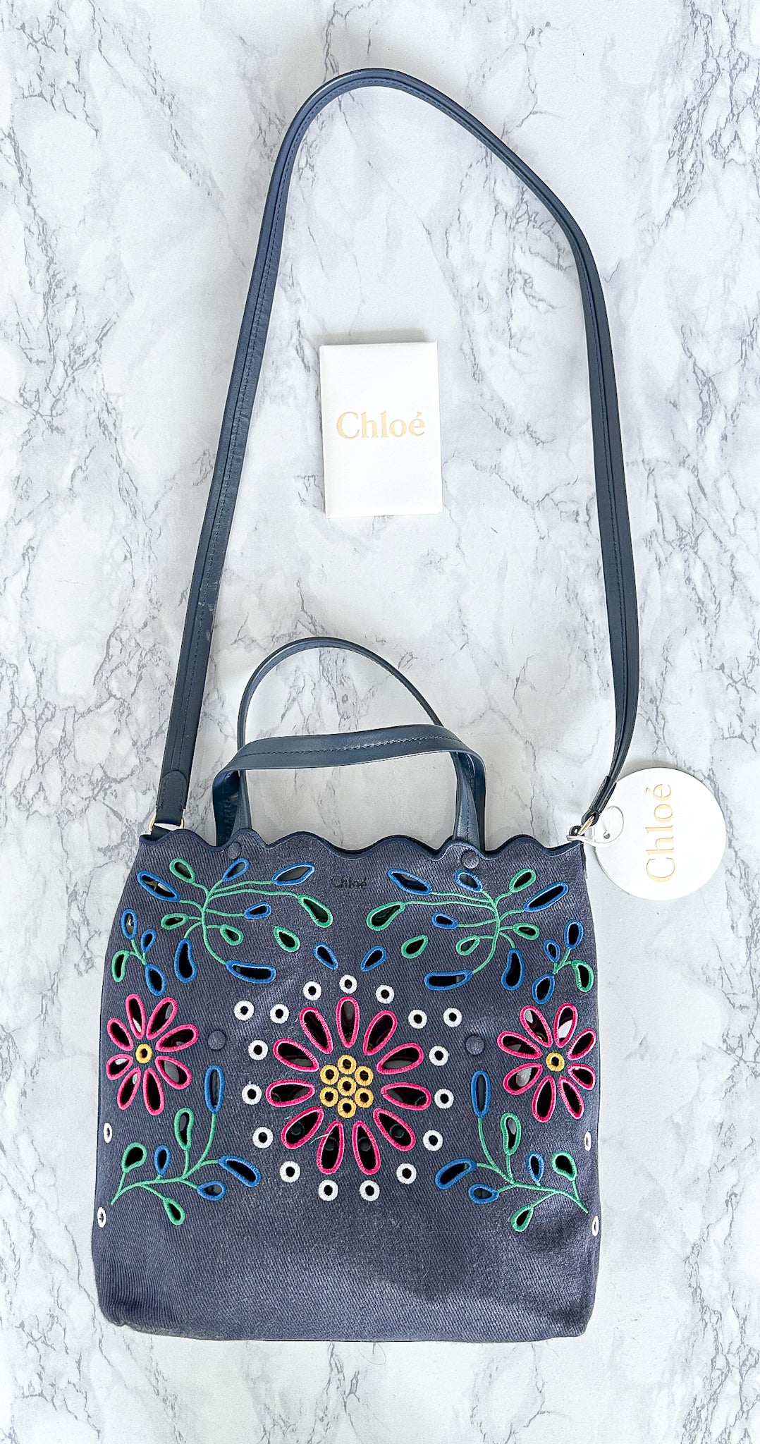Chloé Kamilla North/South Floral Broderie Anglaise Embroidered Linen Tote Crossbody Handbag