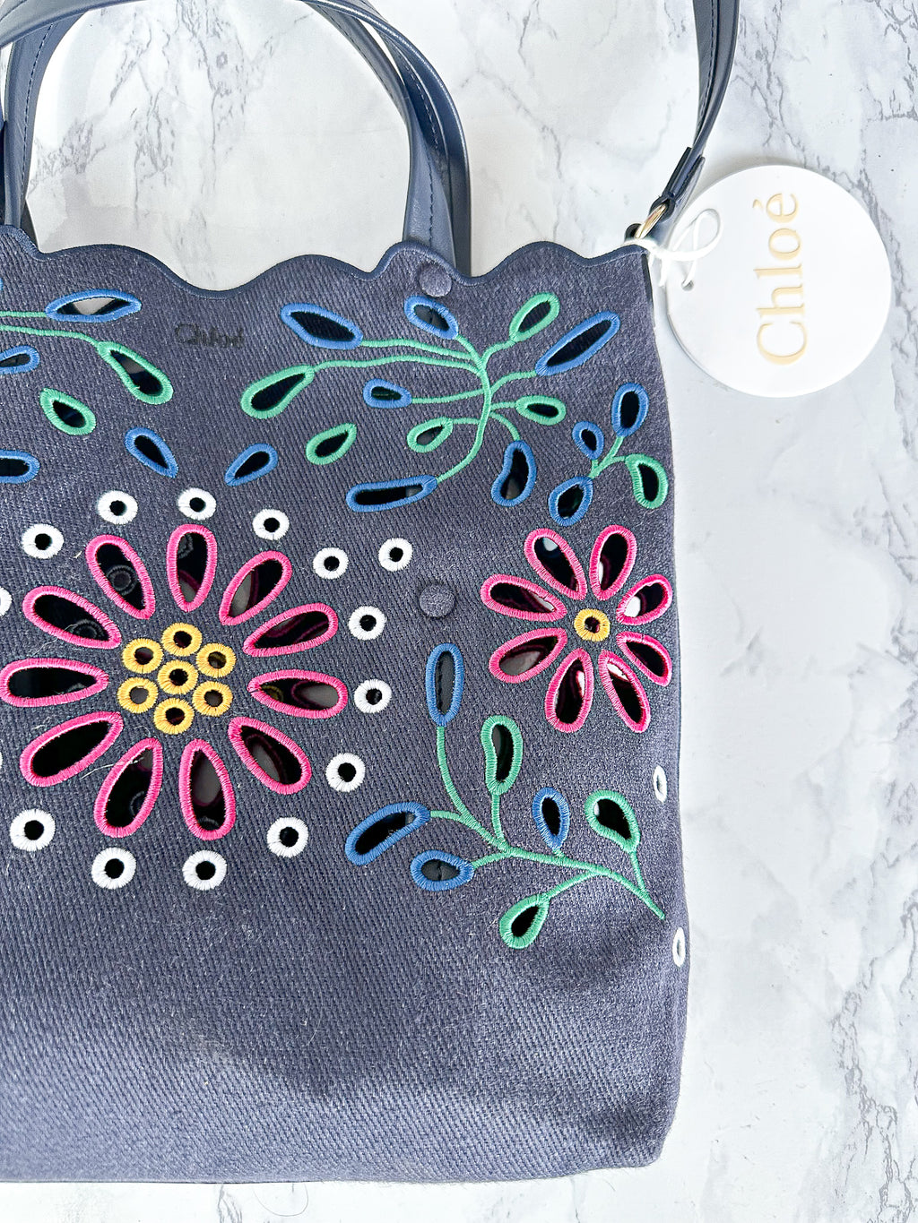 Chloé Kamilla North/South Floral Broderie Anglaise Embroidered Linen Tote Crossbody Handbag