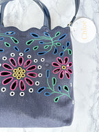 Chloé Kamilla North/South Floral Broderie Anglaise Embroidered Linen Tote Crossbody Handbag