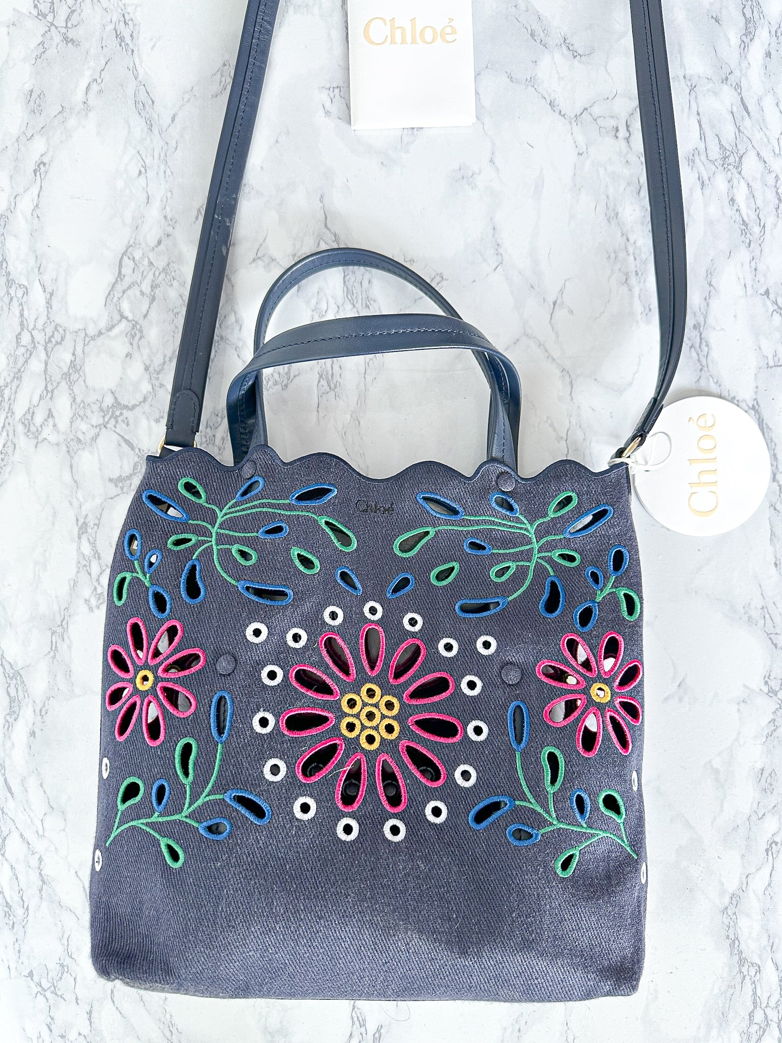 Chloé Kamilla North/South Floral Broderie Anglaise Embroidered Linen Tote Crossbody Handbag