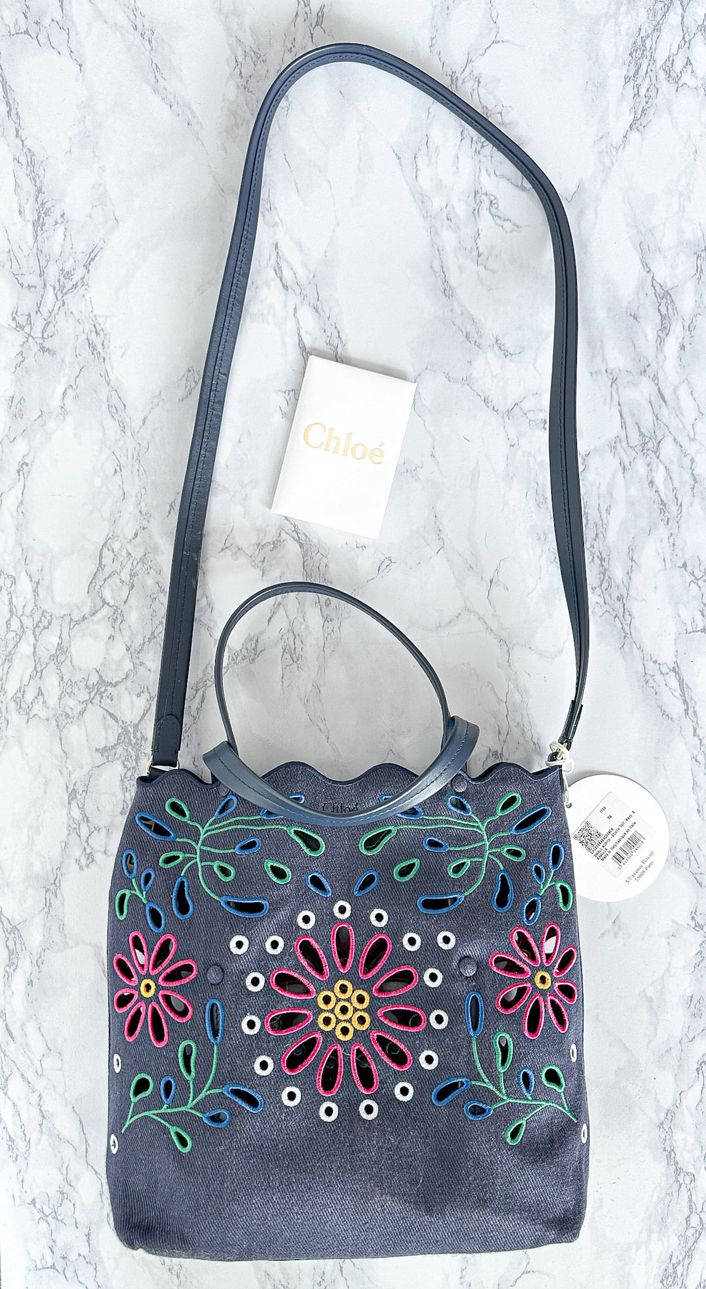 Chloé Kamilla North/South Floral Broderie Anglaise Embroidered Linen Tote Crossbody Handbag