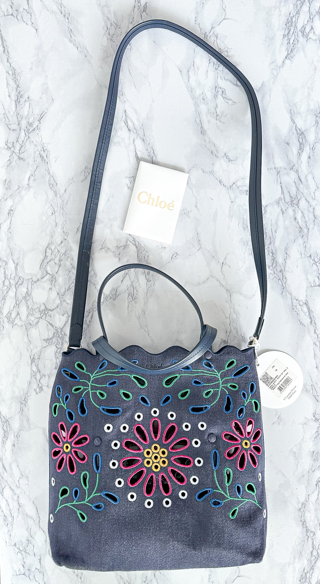 Chloé Kamilla North/South Floral Broderie Anglaise Embroidered Linen Tote Crossbody Handbag