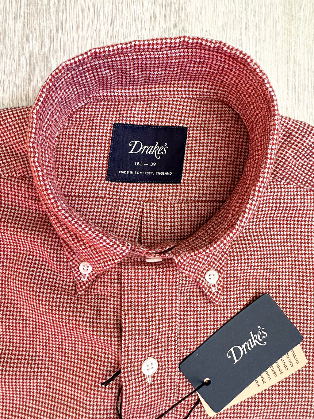 Drake's Red White Houndstooth Brushed Cotton Wool Long Sleeve Shirt - House Of Huntington