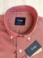 Drake's Red White Houndstooth Brushed Cotton Wool Long Sleeve Shirt - House Of Huntington