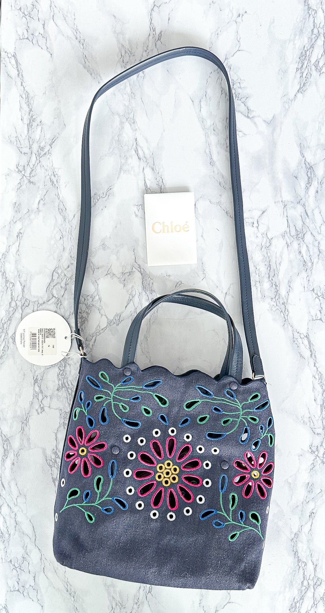 Chloé Kamilla North/South Floral Broderie Anglaise Embroidered Linen Tote Crossbody Handbag