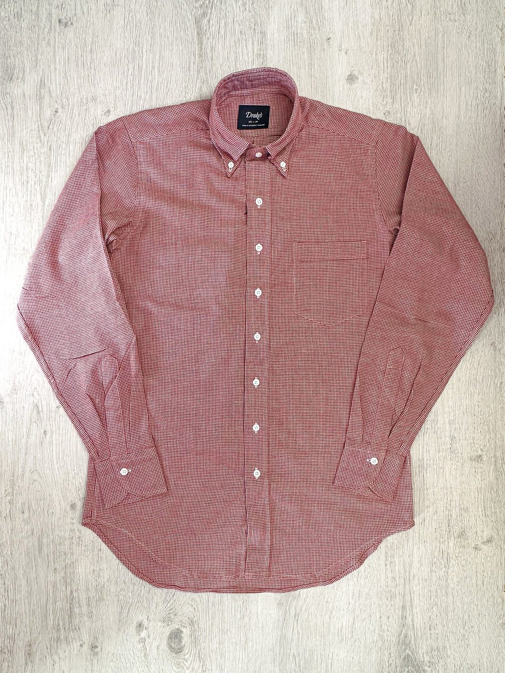 Drake's Red White Houndstooth Brushed Cotton Wool Long Sleeve Shirt - House Of Huntington