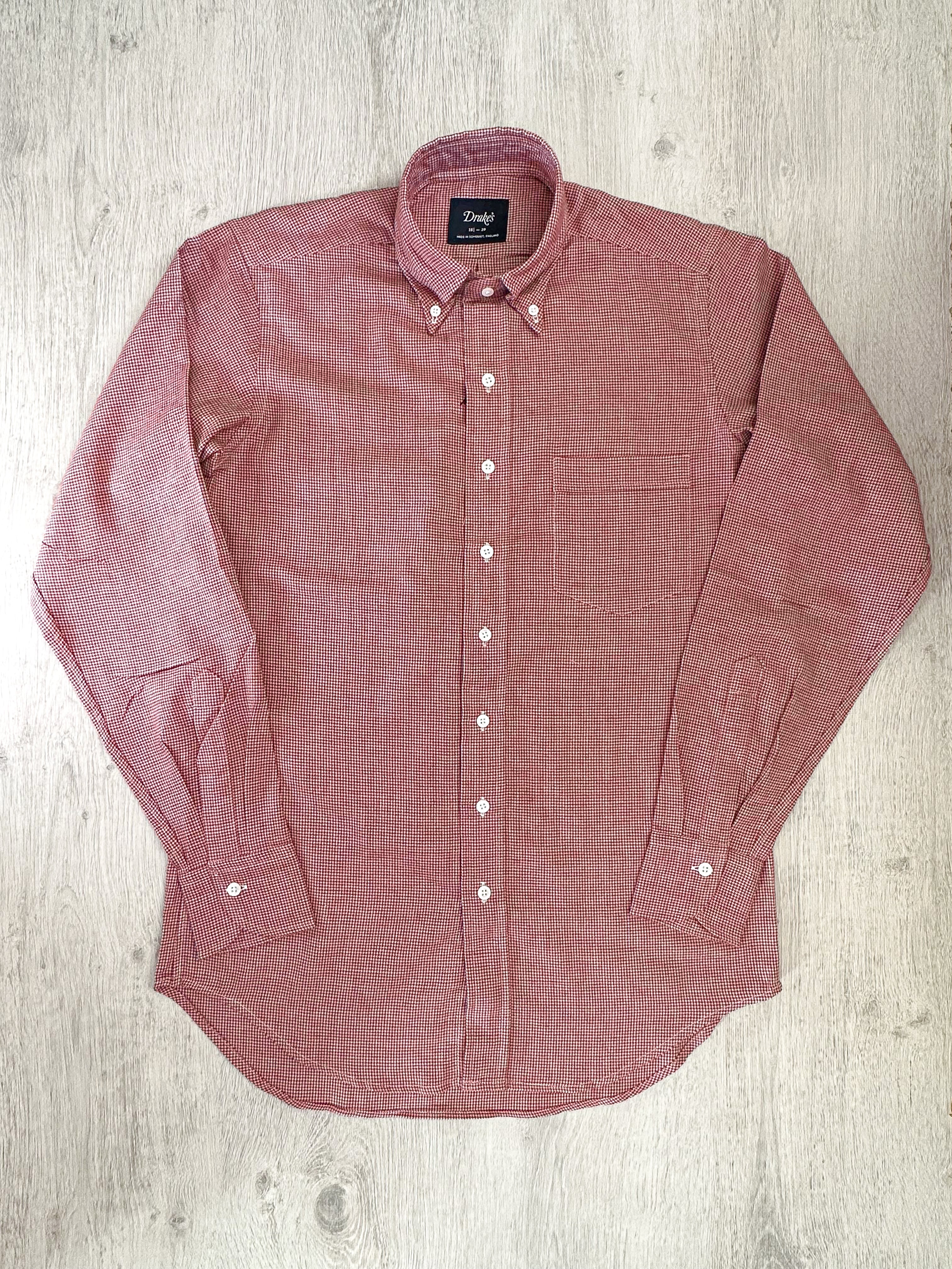 Drake's Red White Houndstooth Brushed Cotton Wool Long Sleeve Shirt - House Of Huntington