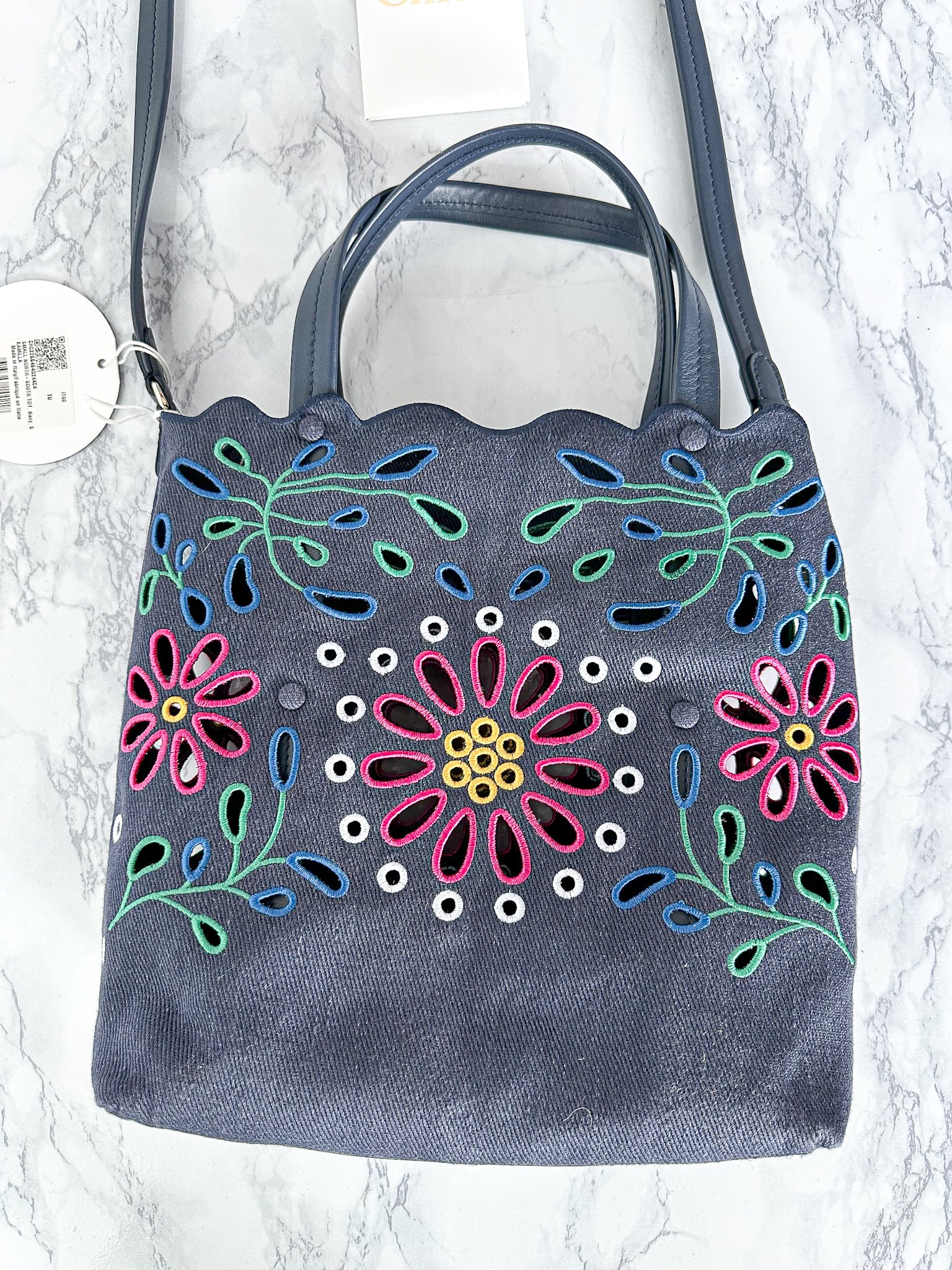 Chloé Kamilla North/South Floral Broderie Anglaise Embroidered Linen Tote Crossbody Handbag