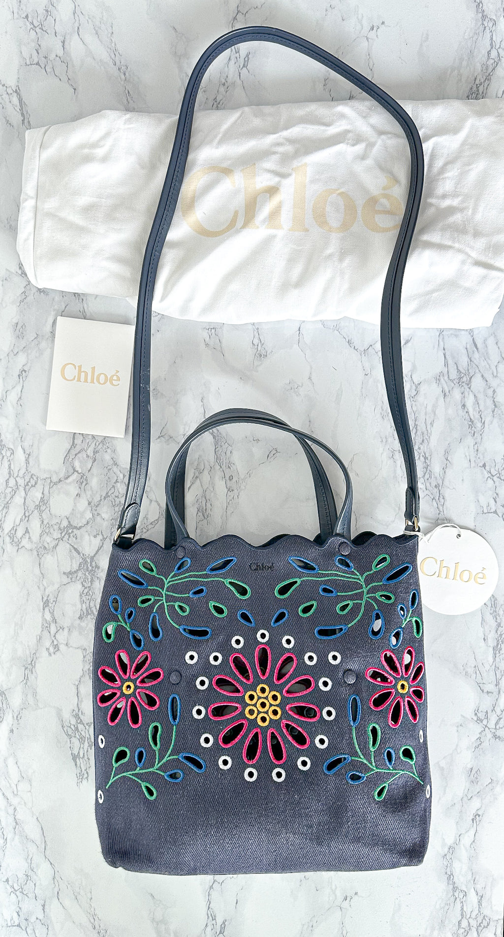 Chloé Kamilla North/South Floral Broderie Anglaise Embroidered Linen Tote Crossbody Handbag