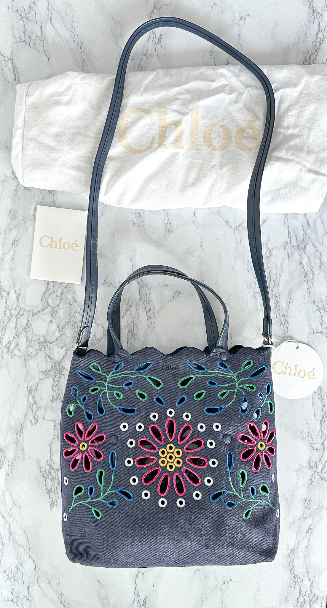 Chloé Kamilla North/South Floral Broderie Anglaise Embroidered Linen Tote Crossbody Handbag