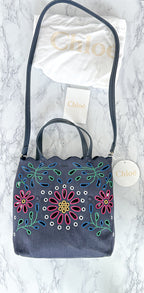 Chloé Kamilla North/South Floral Broderie Anglaise Embroidered Linen Tote Crossbody Handbag