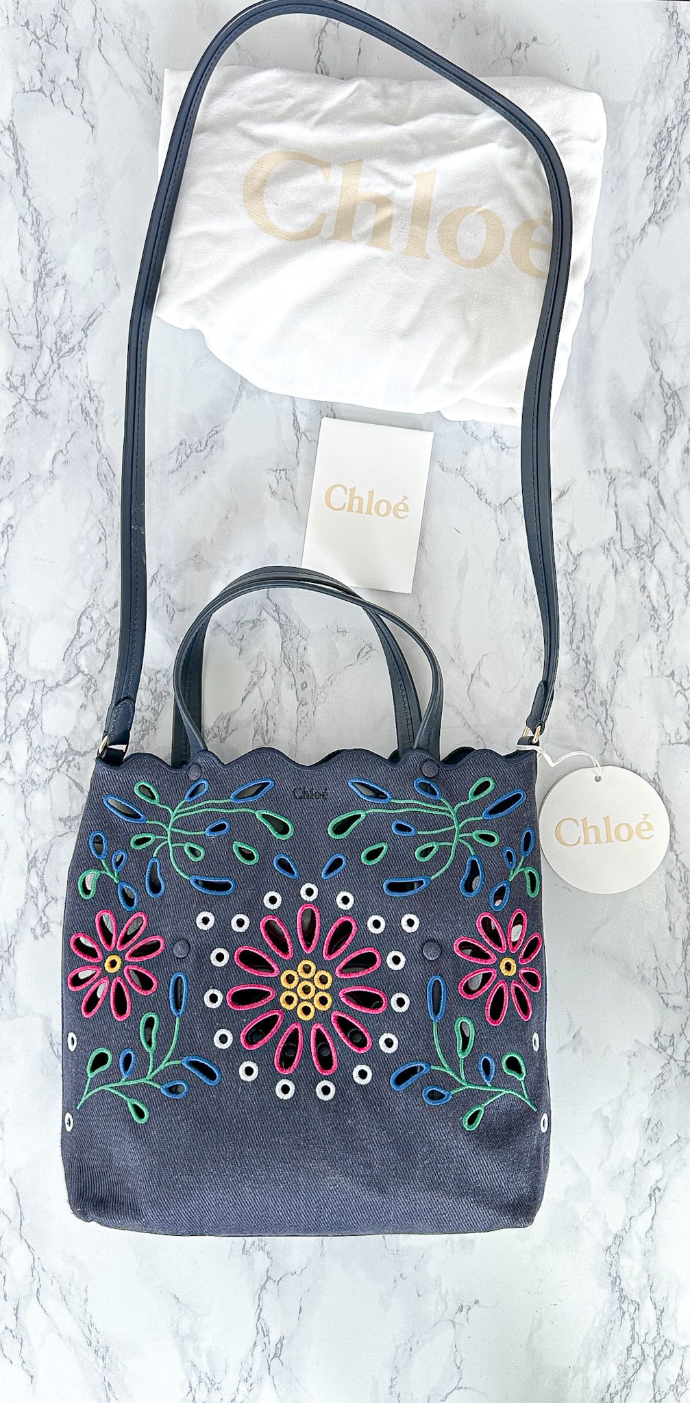 Chloé Kamilla North/South Floral Broderie Anglaise Embroidered Linen Tote Crossbody Handbag