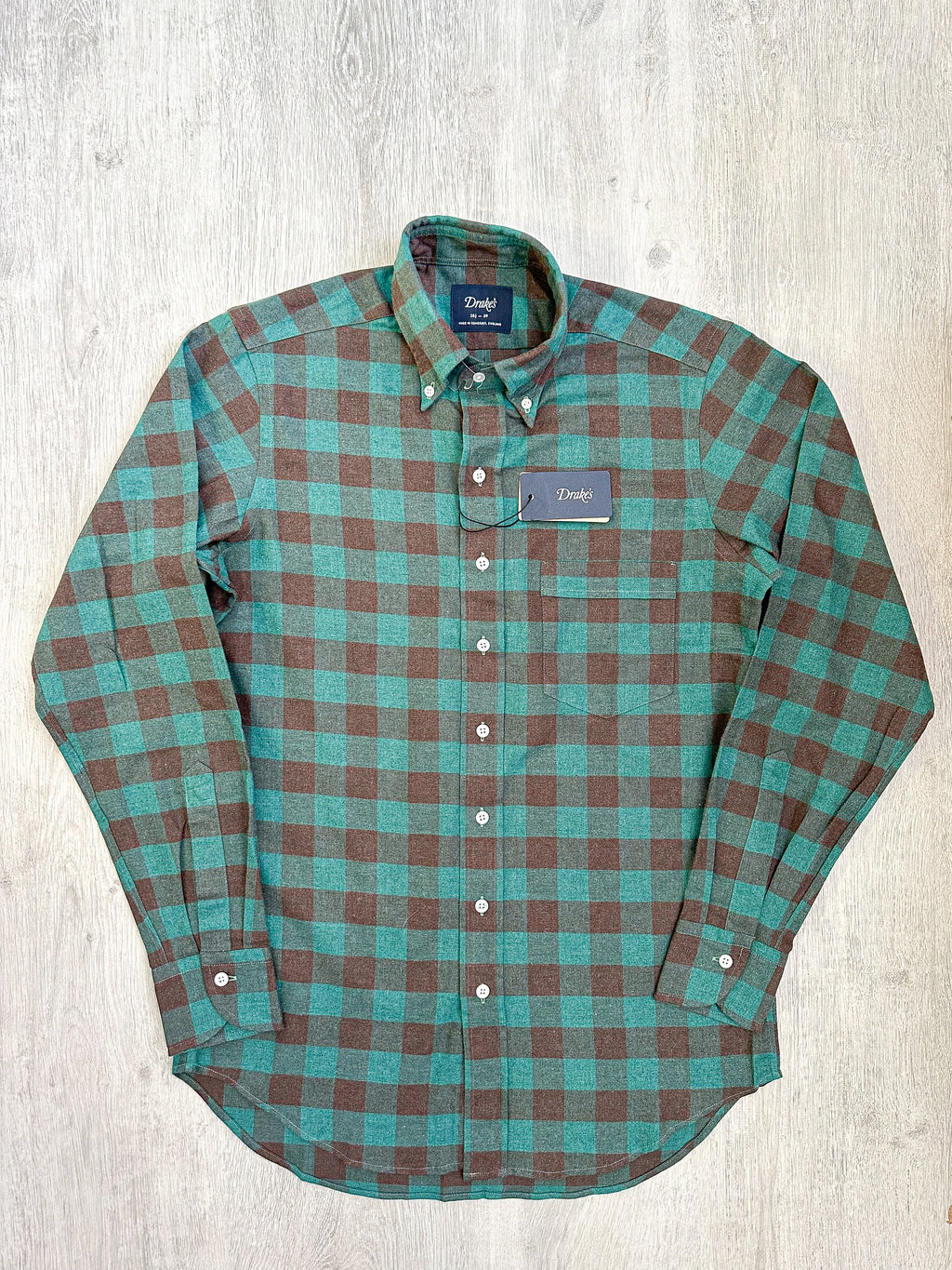 Drake's Check Brushed Cotton Green Black Double Pocket Work Shirt - House Of Huntington