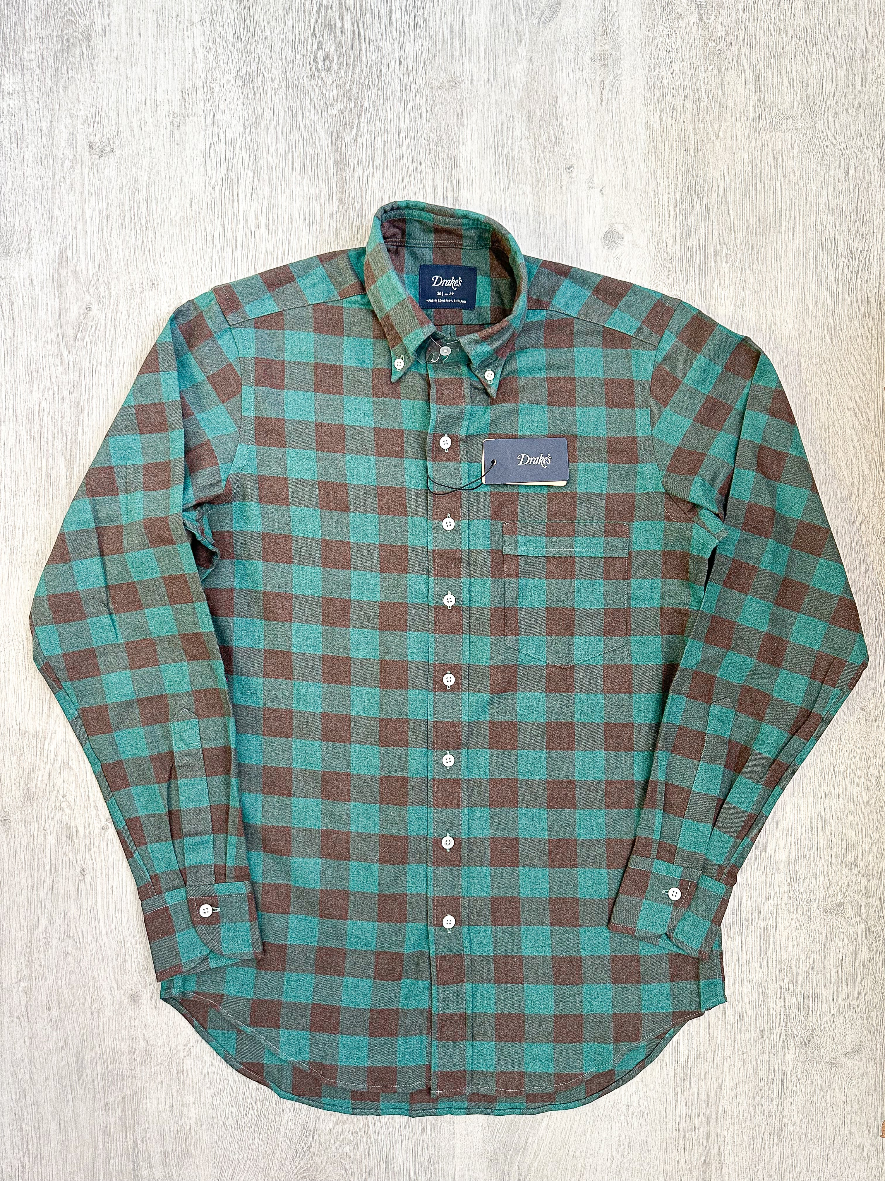 Drake's Check Brushed Cotton Green Black Double Pocket Work Shirt - House Of Huntington