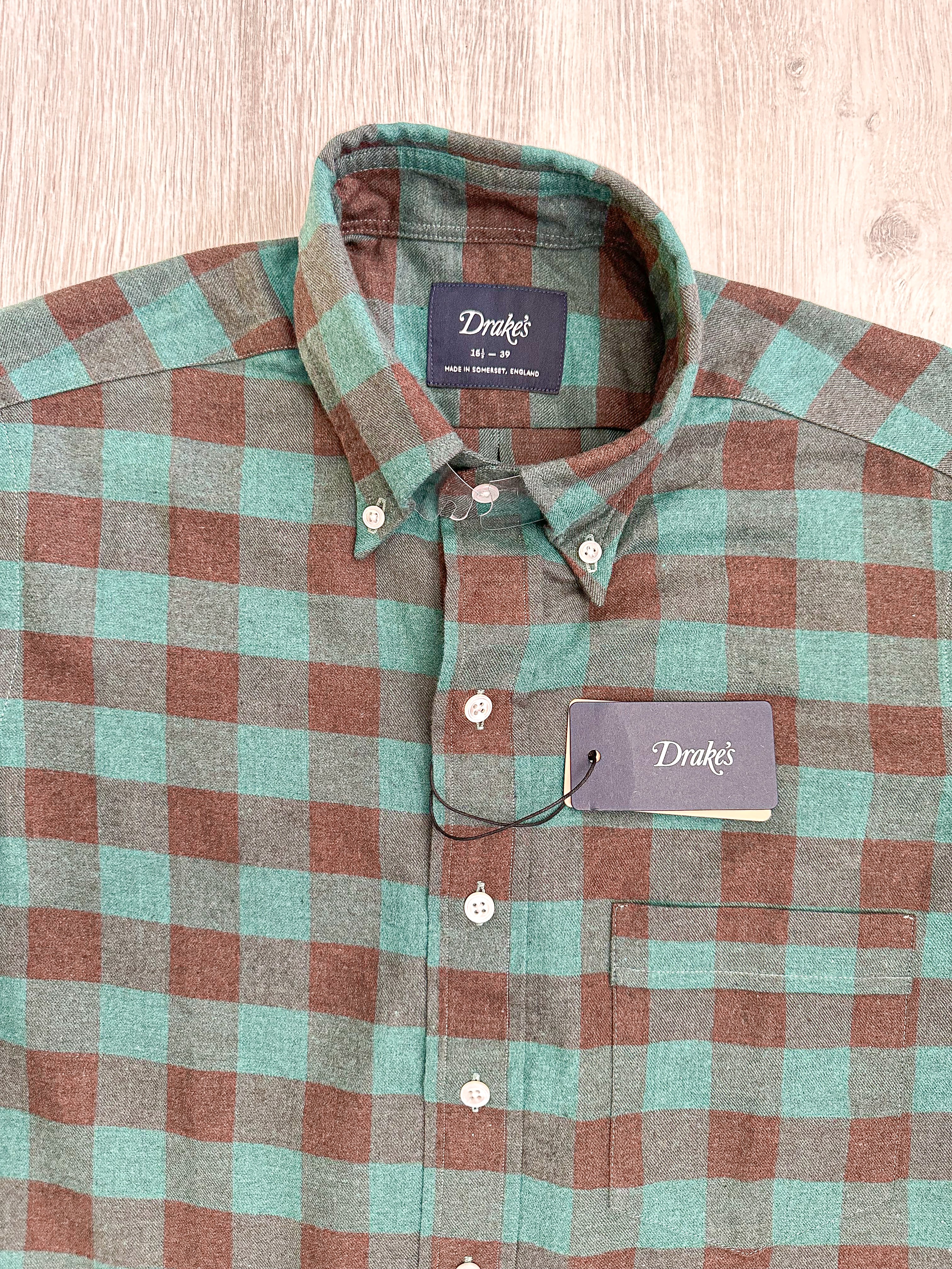 Drake's Check Brushed Cotton Green Black Double Pocket Work Shirt - House Of Huntington