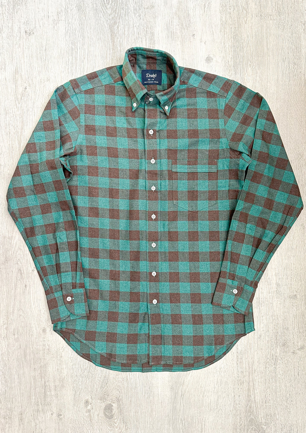 Drake's Check Brushed Cotton Green Black Double Pocket Work Shirt - House Of Huntington