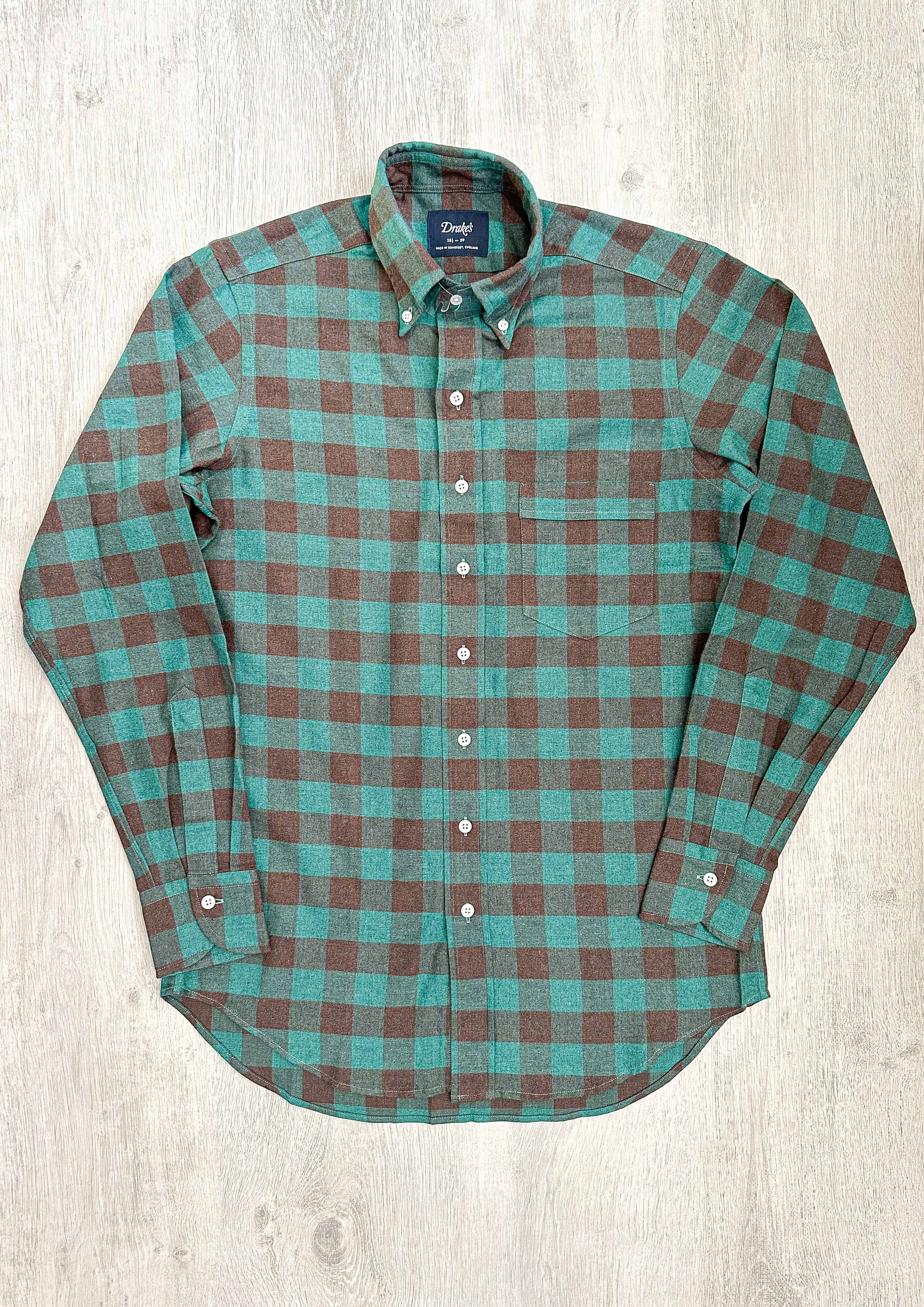 Drake's Check Brushed Cotton Green Black Double Pocket Work Shirt - House Of Huntington