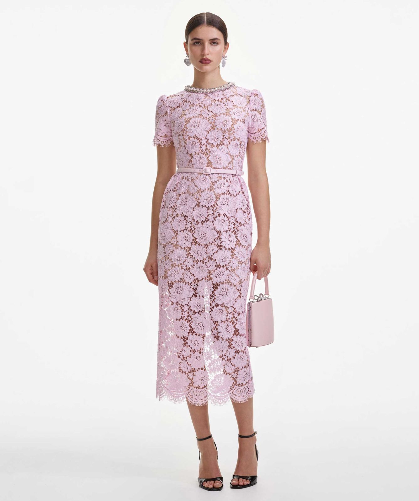 Self-Portrait Rosa Blumen-Spitzenkleid mit Perlenverzierung am Ausschnitt und Gürtel