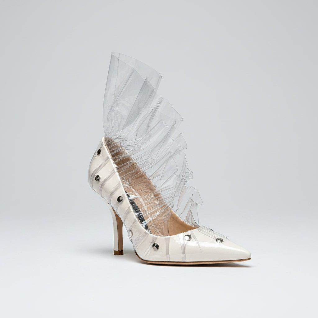 MIDNIGHT 00 White Plastic Ruched Crescent Moon Studded High Heels - House Of Huntington