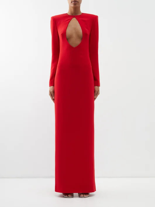 Monot Red Keyhole Cut Out Front Long Sleeve Evening Gown - House Of Huntington
