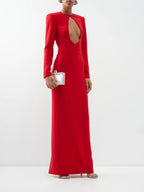 Monot Red Keyhole Cut Out Front Long Sleeve Evening Gown - House Of Huntington