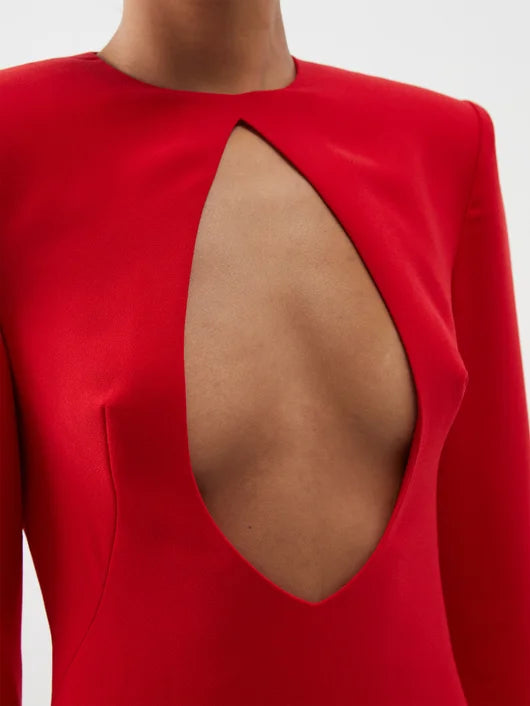 Monot Red Keyhole Cut Out Front Long Sleeve Evening Gown - House Of Huntington