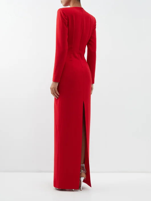 Monot Red Keyhole Cut Out Front Long Sleeve Evening Gown - House Of Huntington