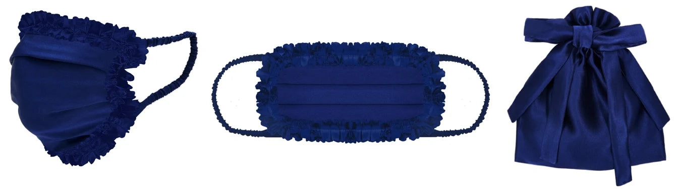 The Vampire's Wife Navy Blue Silk Ruffle Trim Face Mask - House Of Huntington