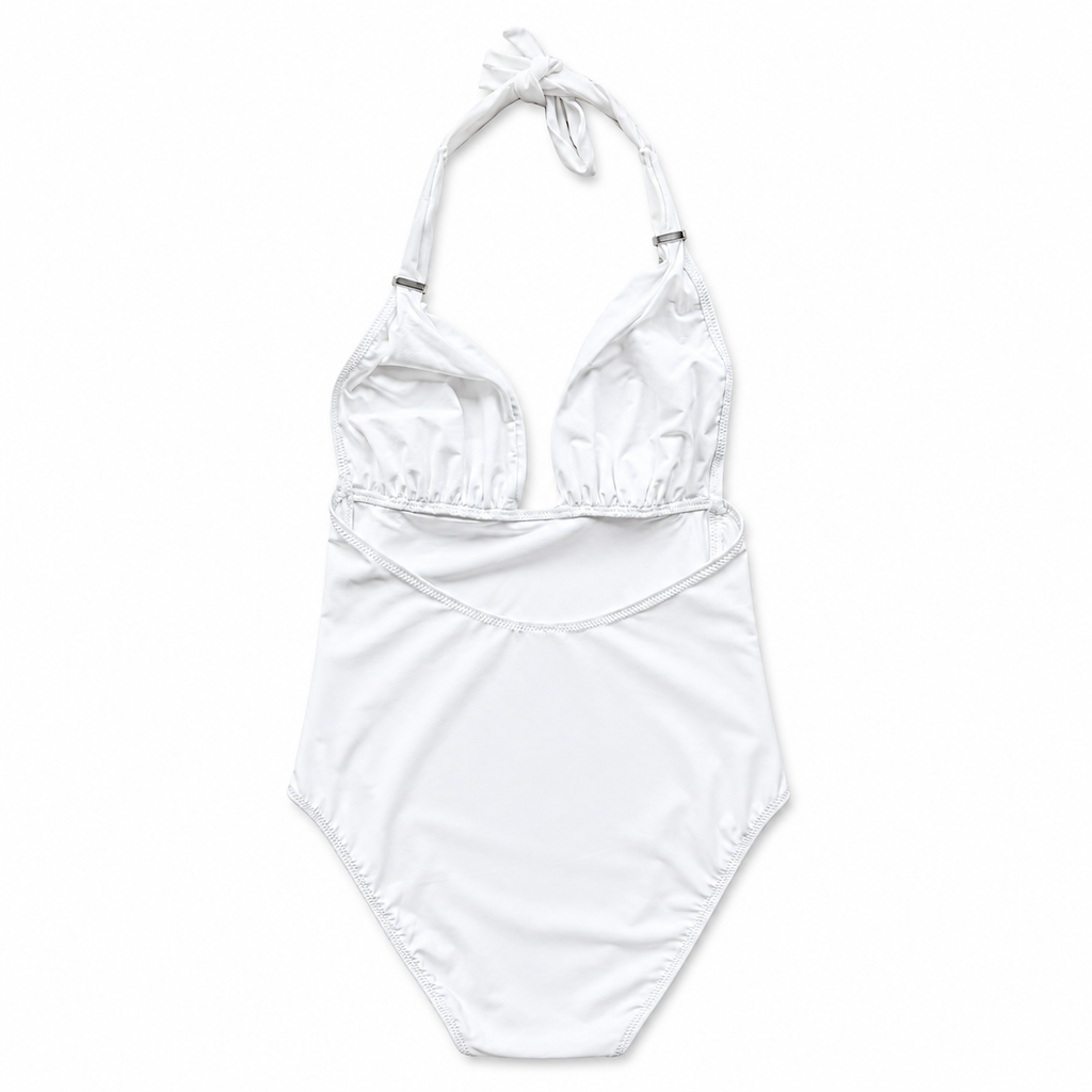 White swimsuit with halter top on a white background