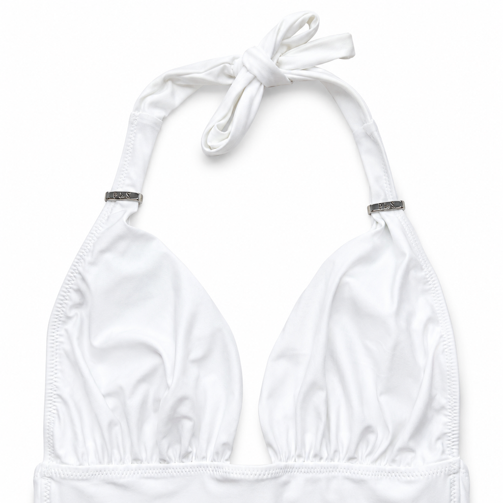 White bikini top with a halter neck design on a white background
