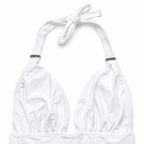 White bikini top with a halter neck design on a white background