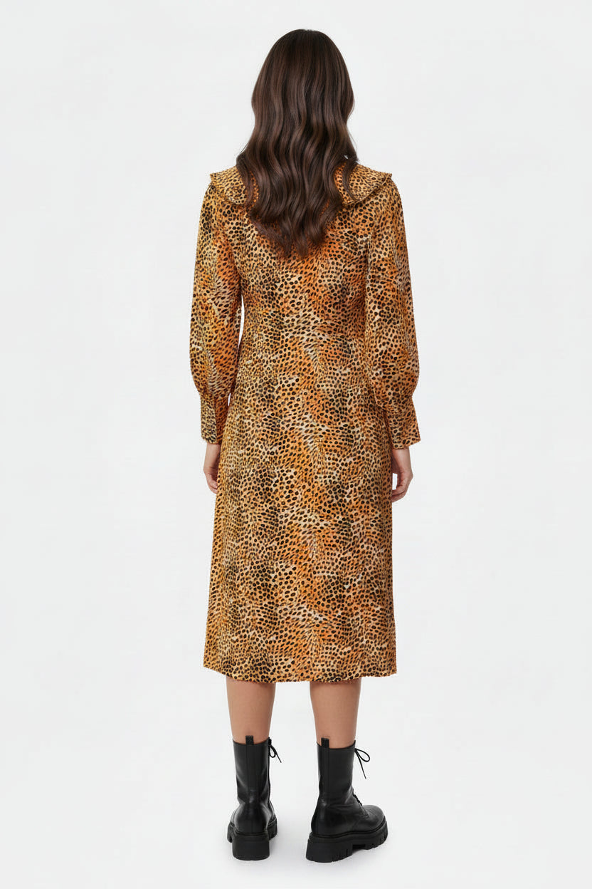 Ganni Leopard Print Ruffle Collar Detail Crepe Midi Dress