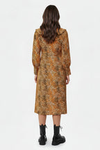 Ganni Leopard Print Ruffle Collar Detail Crepe Midi Dress