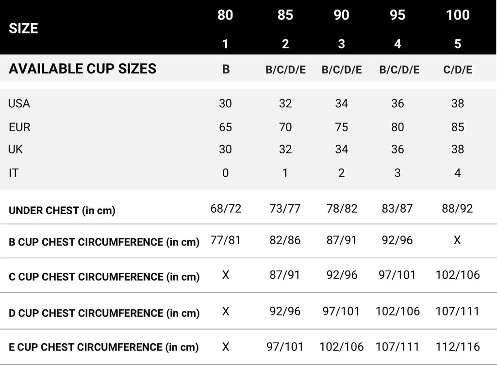 Size and cup size chart for women's clothing with measurements in centimeters.