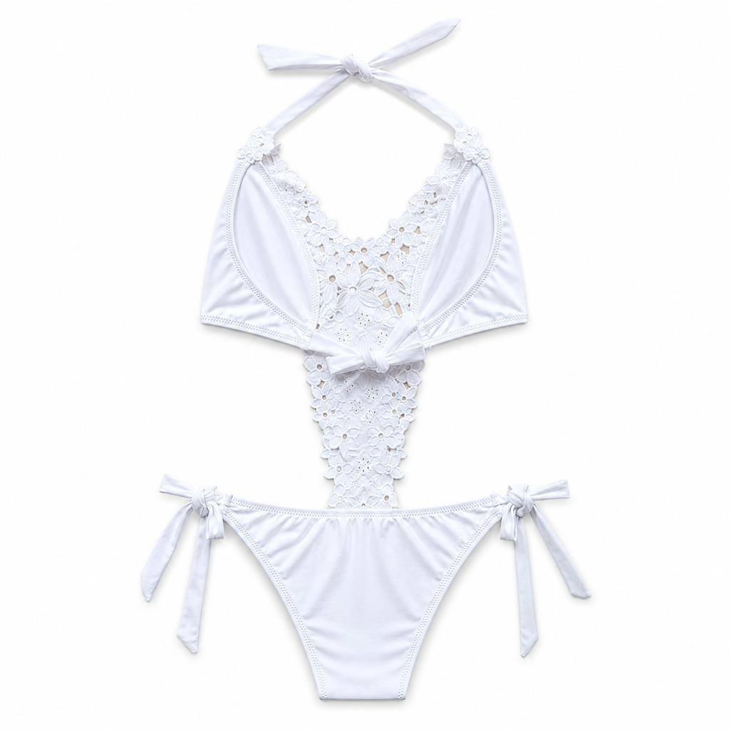 White bikini set with lace details on a white background