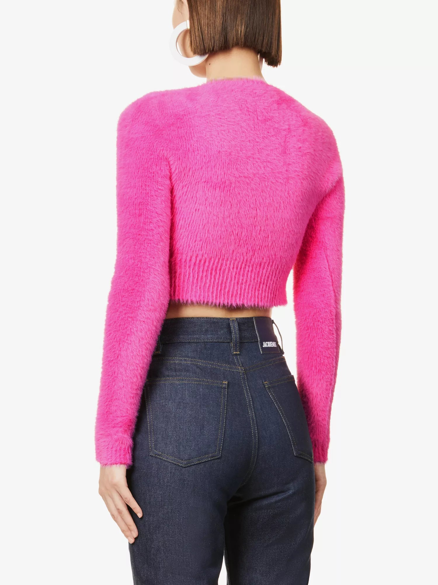 JACQUEMUS La Maille Neve Logo Pin Fluffy Pink Cropped Long Sleeve Top - House Of Huntington