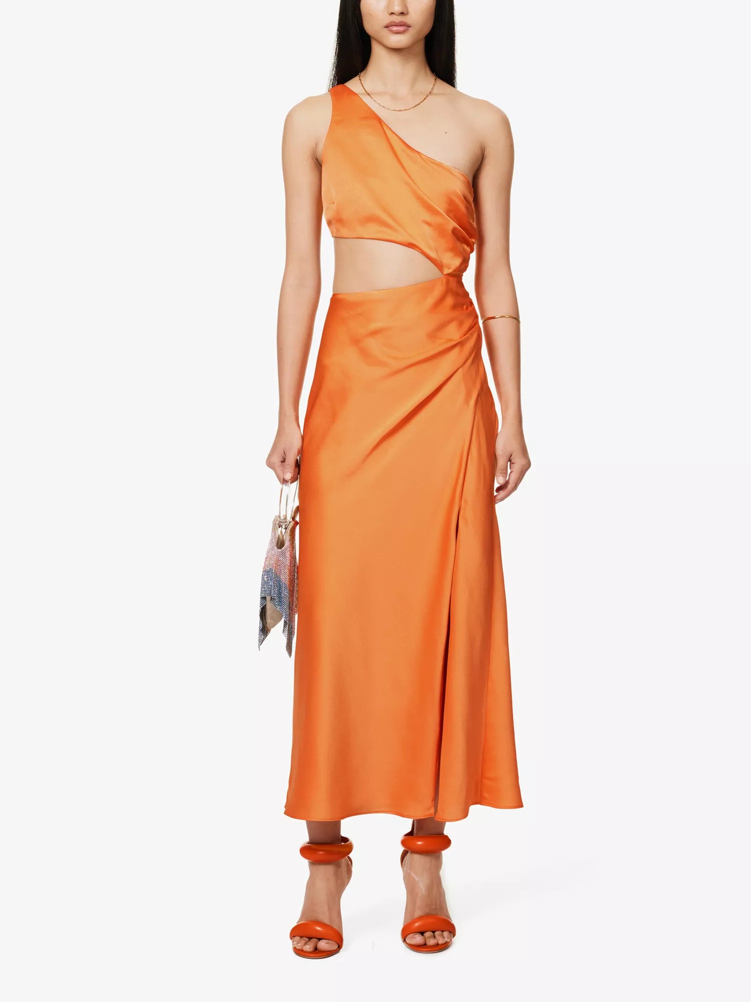 SAN SLOANE Nefeli One-Shoulder Cut-Out Satin Midi Orange Dress - House Of Huntington