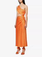 SAN SLOANE Nefeli One-Shoulder Cut-Out Satin Midi Orange Dress - House Of Huntington