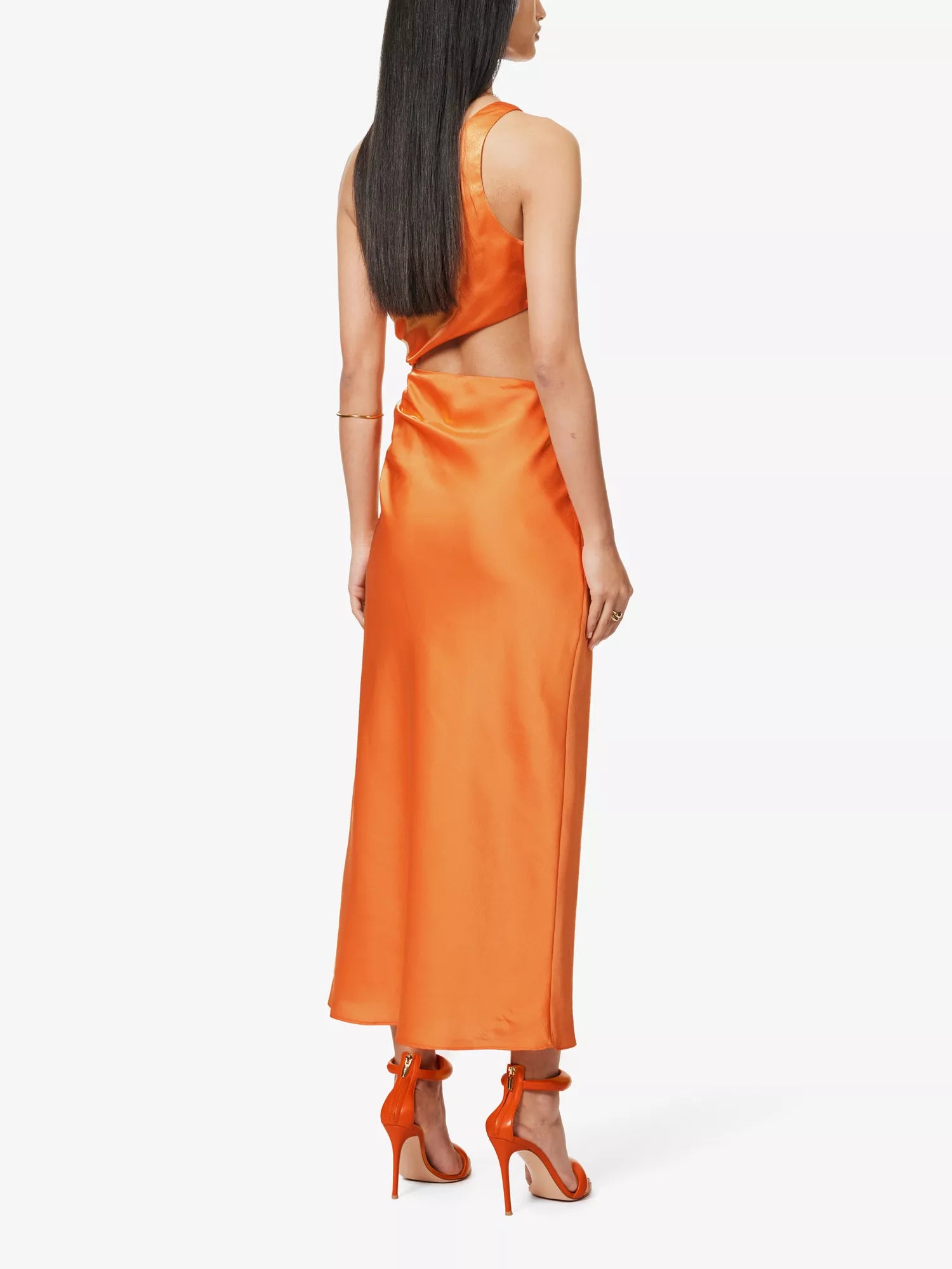 SAN SLOANE Nefeli One-Shoulder Cut-Out Satin Midi Orange Dress - House Of Huntington