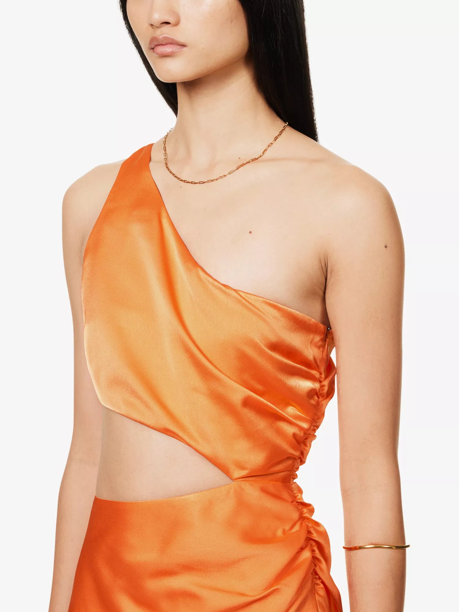 SAN SLOANE Nefeli One-Shoulder Cut-Out Satin Midi Orange Dress - House Of Huntington