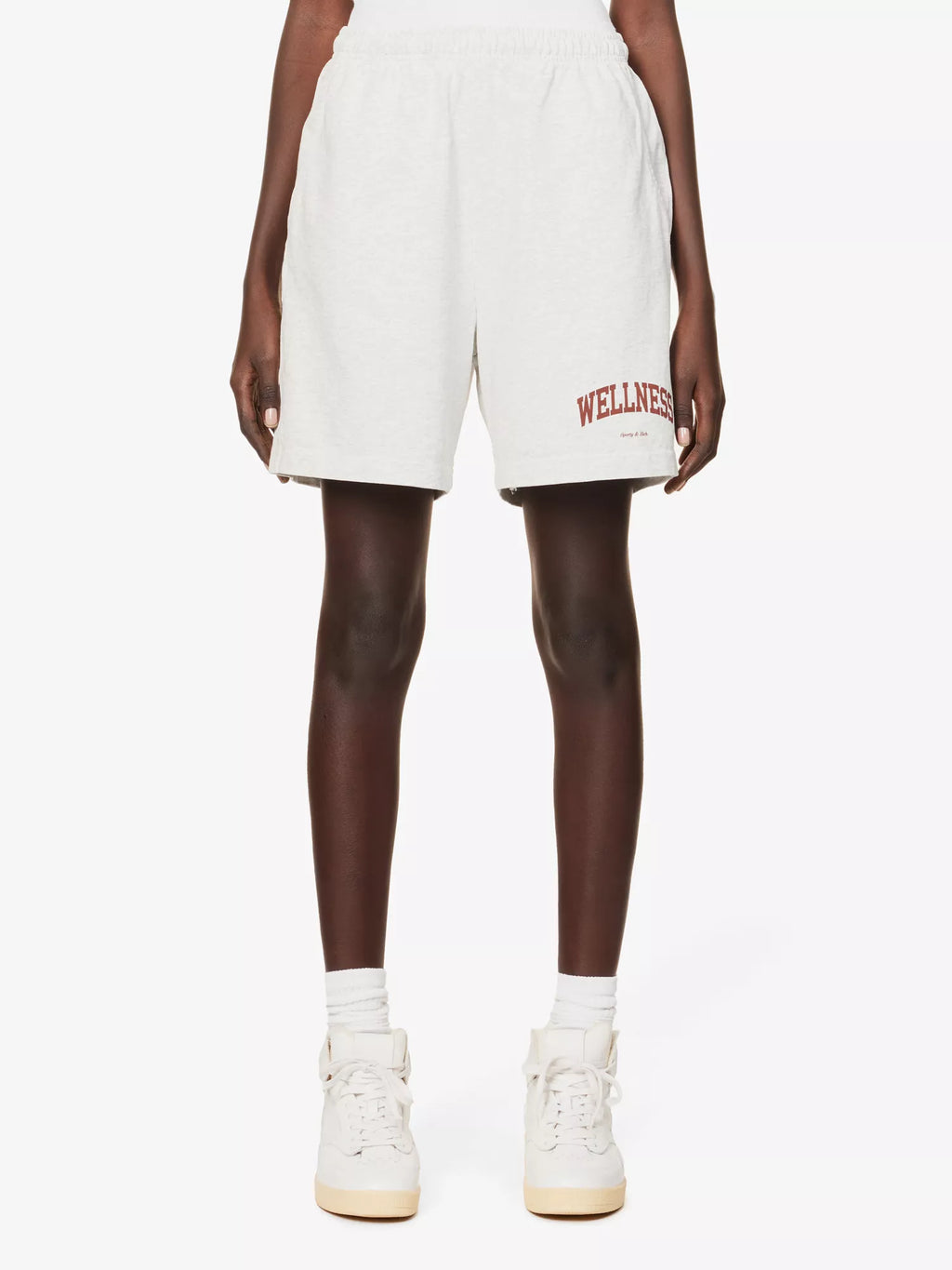 SPORTY & RICH Wellness Slogan Print Marl Grey 80s Style Athleisure Shorts - House Of Huntington