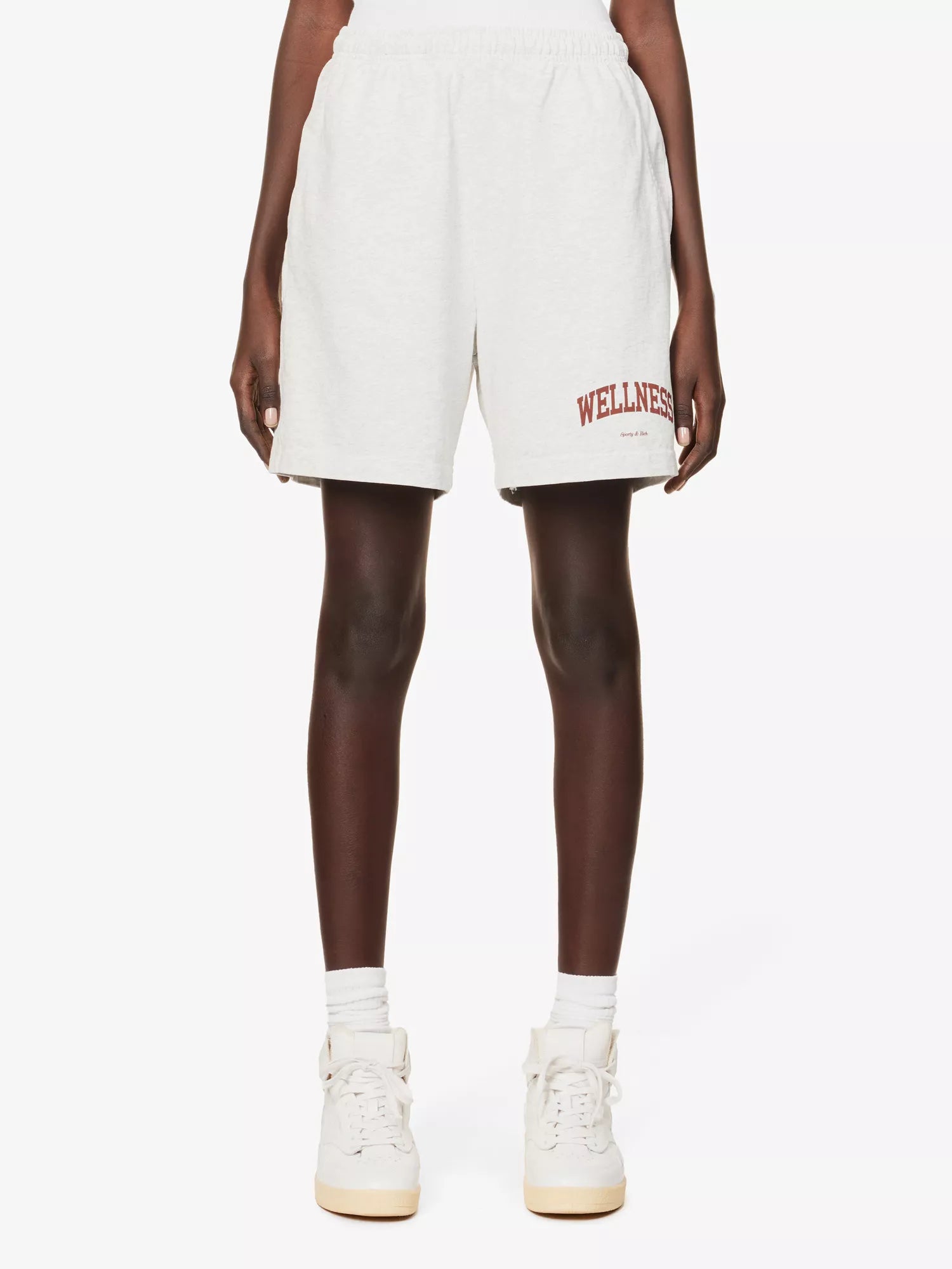 SPORTY & RICH Wellness Slogan Print Marl Grey 80s Style Athleisure Shorts - House Of Huntington