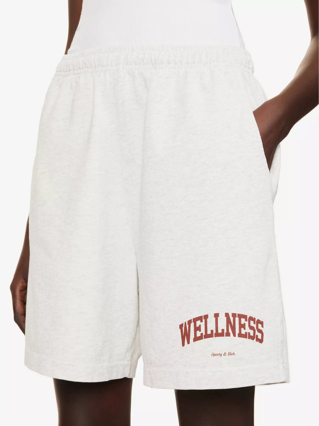 SPORTY & RICH Wellness Slogan Print Marl Grey 80s Style Athleisure Shorts - House Of Huntington