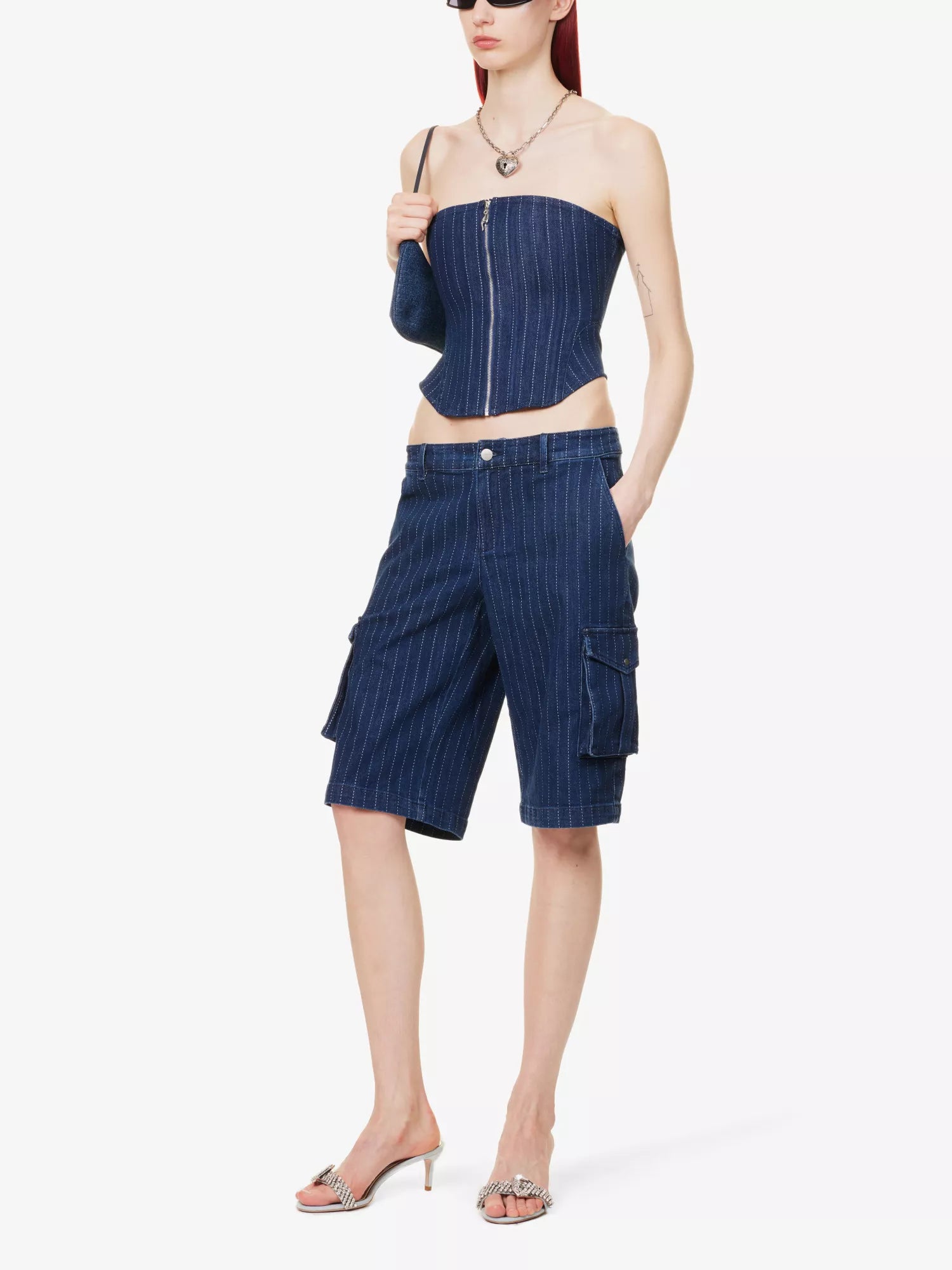 MIAOU Riley Denim Pinstripe Zip Front Strapless Grunge Corset Top - House Of Huntington