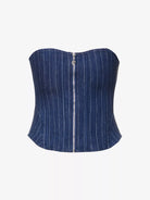 MIAOU Riley Denim Pinstripe Zip Front Strapless Grunge Corset Top - House Of Huntington