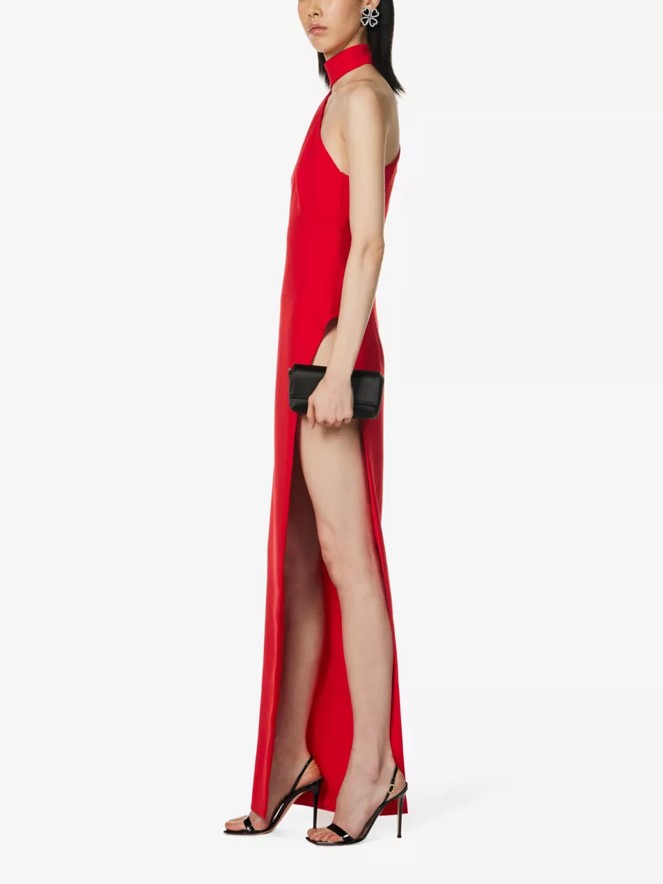 Monot Red One Shoulder Thigh High Slit Gown - House Of Huntington