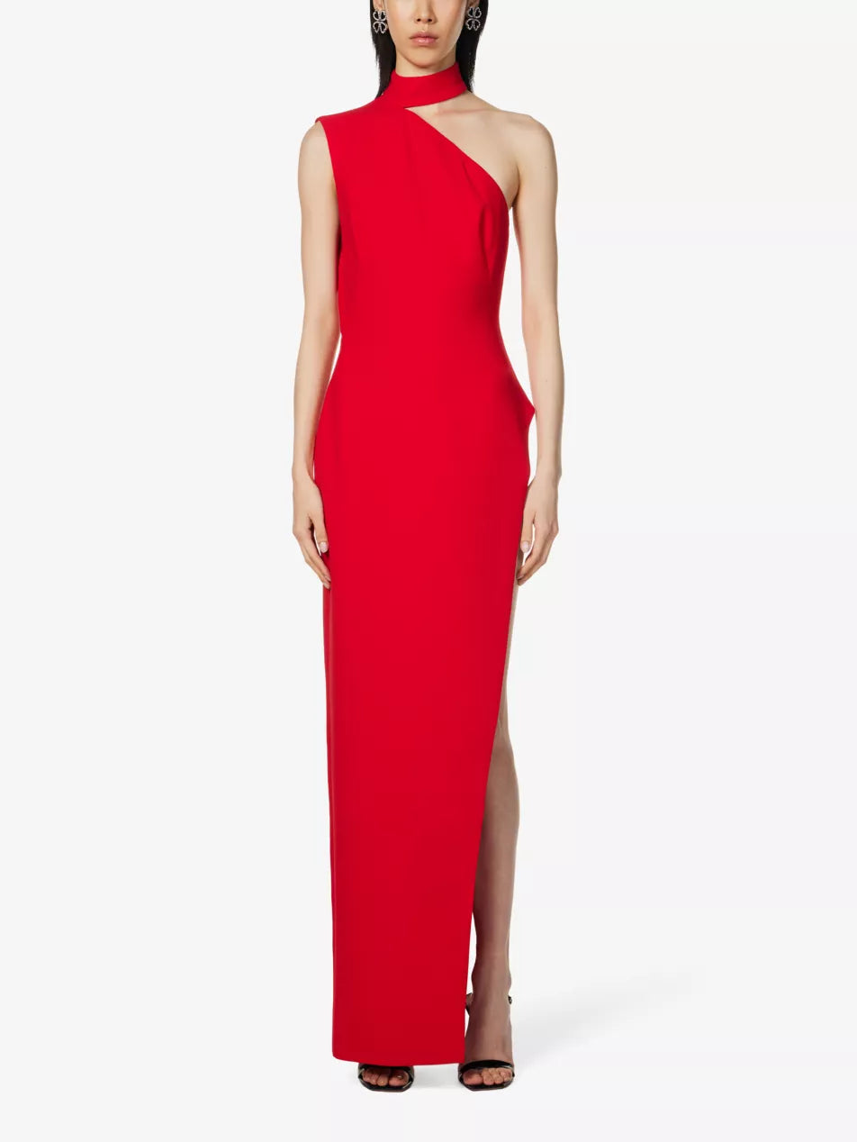 Monot Red One Shoulder Thigh High Slit Gown - House Of Huntington